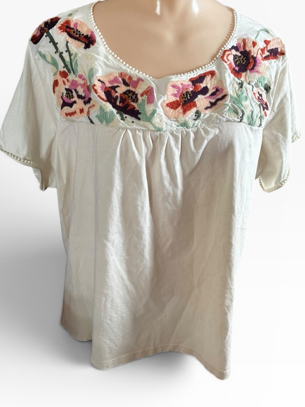 Anthropologie TINY White Floral Embroidered Pom Pom Trim Cotton Top XL Boho